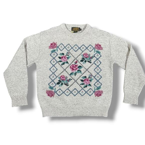 Vintage Eddie Bauer Sweater Womens Small Beige Floral Wool 90s Cottage Grandma - Picture 1 of 6